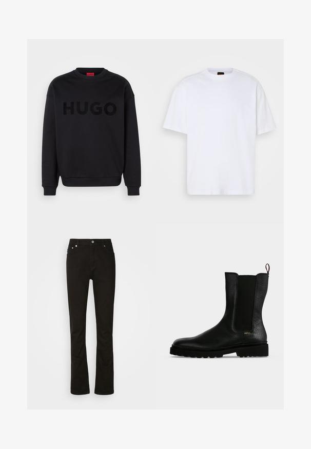 Sudadera negra hecha de material suave, con un escote redondo y mangas largas. La palabra "HUGO" está mostrada de manera prominente en una fuente negra brillante.; Camiseta de algodón blanca con cuello redondo, mangas cortas y un corte relajado. Presenta costuras de hombro texturizadas para un detalle adicional.; Jeans de denim negro con diseño de pierna recta, que cuentan con bolsillos frontales, una cremallera y acentos de hardware plateado. Textura suave, sin patrones.; Botín negro de cuero con panel lateral elástico, suela gruesa y lengüeta en la parte trasera, con un pequeño logo dorado "Hugo" cerca del talón.