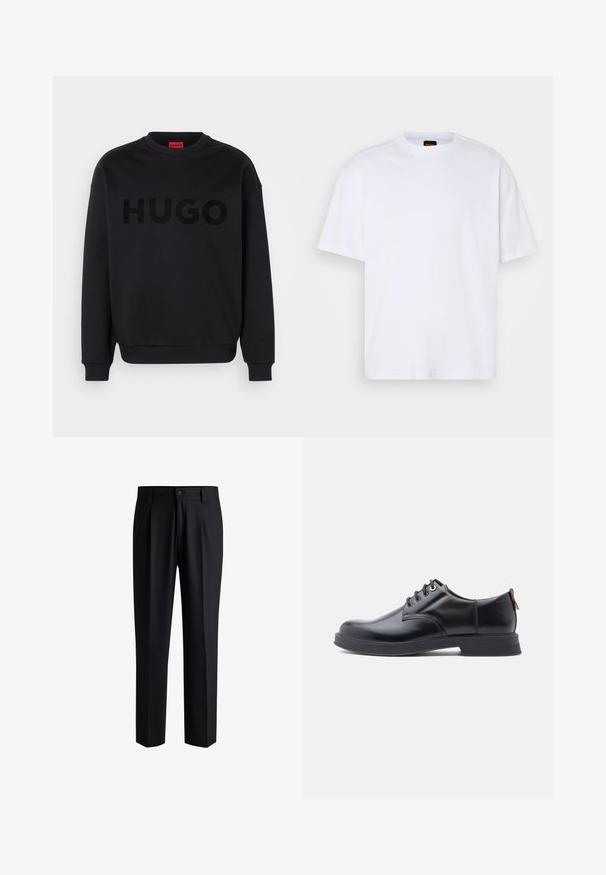Sort sweatshirt lavet af blødt materiale, med en rund halsudskæring og lange ærmer. Ordet "HUGO" er iøjnefaldende vist i en skinnende sort skrifttype.; Hvid bomulds T-shirt med rund hals, korte ærmer og en afslappet pasform. Har strukturerede skuldersømme for ekstra detaljer.; Sorte bukser lavet af glat stof, med lige ben-design, plisseringer foran og knaplukning med bæltestropper.; Sorte snørestøvler i læder med glat tekstur, rundet tå og diskrete syningsdetaljer. Har en rød trækflig på hælen.
