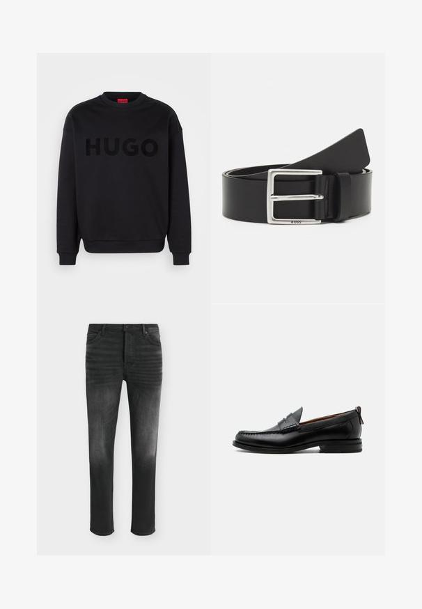 Zwarte sweatshirt van zacht materiaal, met een ronde halslijn en lange mouwen. Het woord "HUGO" is prominent weergegeven in een glanzend zwart lettertype.; Zwarte skinny-fit jeans met vervaagde details, vijfzakkenstijl en knoopsluiting in de taille.; Zwarte leren herensloffen met moc toe stiksel, pennyriem, gestructureerde kraag en lage gestapelde hak op witte achtergrond.; Zwarte leren riem met een rechthoekige zilveren gesp, met subtiele branding en een gladde textuur. De uiteinden lopen taps toe naar een afgeronde finish.