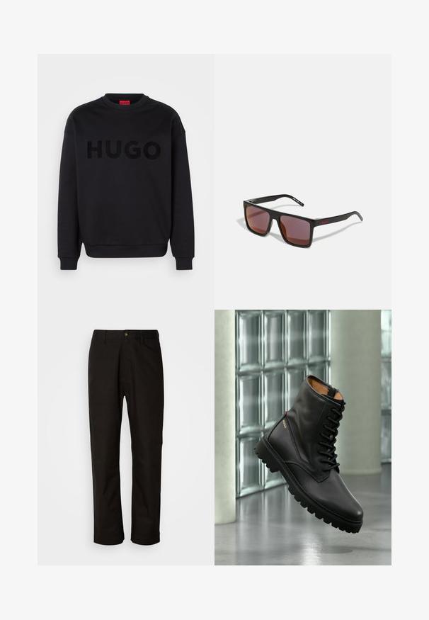 Sudadera negra hecha de material suave, con un escote redondo y mangas largas. La palabra "HUGO" está mostrada de manera prominente en una fuente negra brillante.; Pantalones de algodón negros con corte recto, presillas para el cinturón, cremallera frontal y un solo botón de cierre. Textura suave sin patrones visibles.; Bota de combate de cuero negro con cordones y suela gruesa, logotipo dorado "HUGO" en el lateral, mostrada en un ambiente interior moderno con pared de bloques de vidrio de fondo.; Gafas de sol rectangulares negras con lentes de color rojo oscuro, con un acabado mate y un logo rojo en la patilla. Montura de plástico resistente.