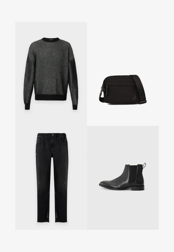 Sort strikket sweater med løs pasform, som har et tekstureret mønster, ribbede halsudskæring, manchetter og bund. Lange ærmer uden synlige sømme.; Sorte jeans lavet af denim med elastisk talje, lige snit, slidte detaljer og flossede kant. Har lommer og knaplukning.; JOOP! PERO KLEITOS CHELSEA - Støvletter - black; Sort rektangulær crossbody taske med frontlomme med lynlås, justerbar skulderrem med logo og lille sideemblem.