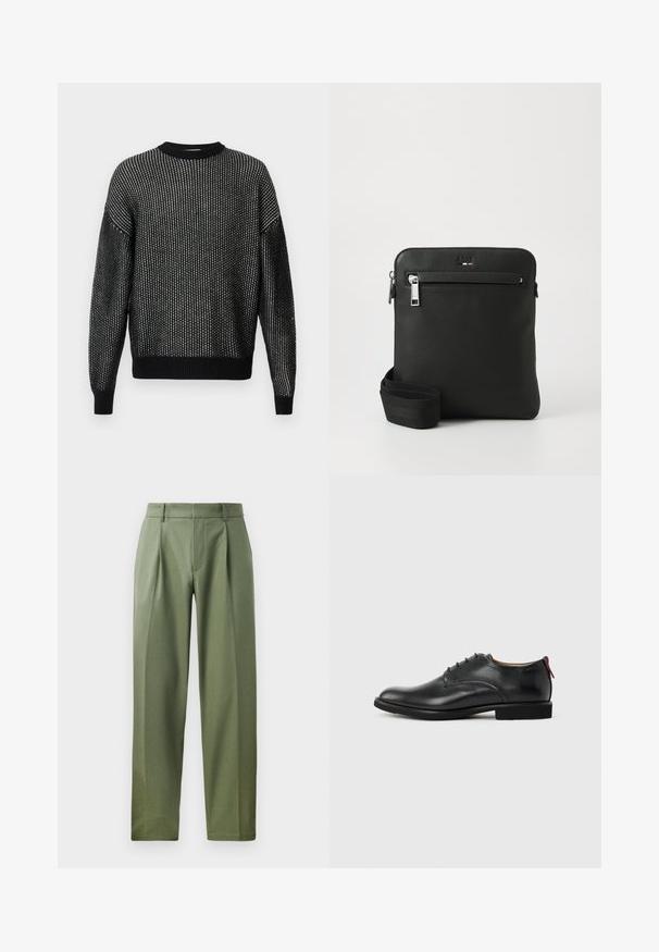 Pull noir en tricot à coupe ample, présentant un motif texturé, un col côtelé, des poignets et un ourlet. Manches longues sans coutures visibles.; Pantalons sur mesure en tissu vert olive avec une texture lisse, présentant deux plis avant, des passants de ceinture et une coupe droite.; Chaussure habillée pour homme en cuir noir, à lacets sur l'avant, avec une languette rouge au talon, sur fond uni.; Sac bandoulière en cuir noir avec un design plat, surface texturée, fermeture éclair, poche avant et une sangle en tissu ajustable.