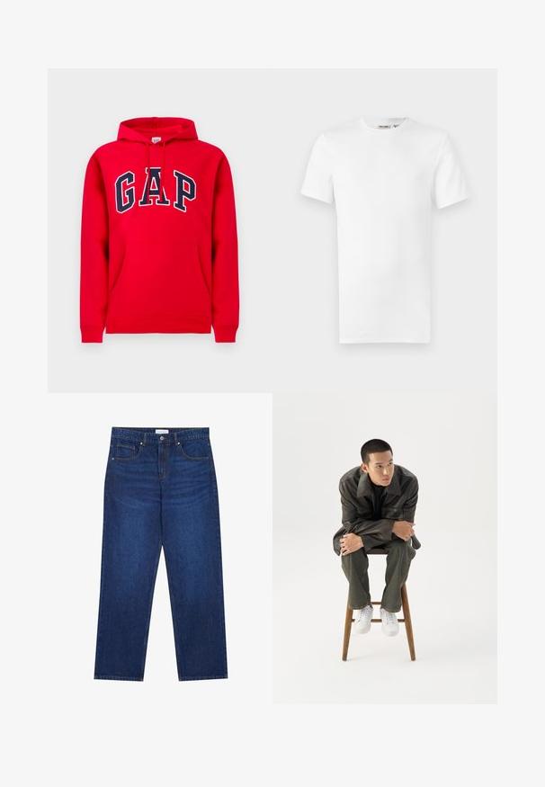 Rode hoodie van katoen, met een voorzak, een capuchon met trekkoord en het "GAP"-logo in marineblauw over de borst.; Effen wit T-shirt met korte mouwen en een ronde hals, met een klein merklintje aan de binnenkant van de kraag, weergegeven op een witte achtergrond.; Donkerblauwe denim jeans met een rechte pijp, voorzien van een knoop- en ritssluiting, vijf zakken en zichtbare stikseldetails.; Jonge man in een donkere leren jas en spijkerbroek zit op een houten kruk, leunt naar voren met gekruiste armen en kijkt naar de zijkant tegen een witte achtergrond.