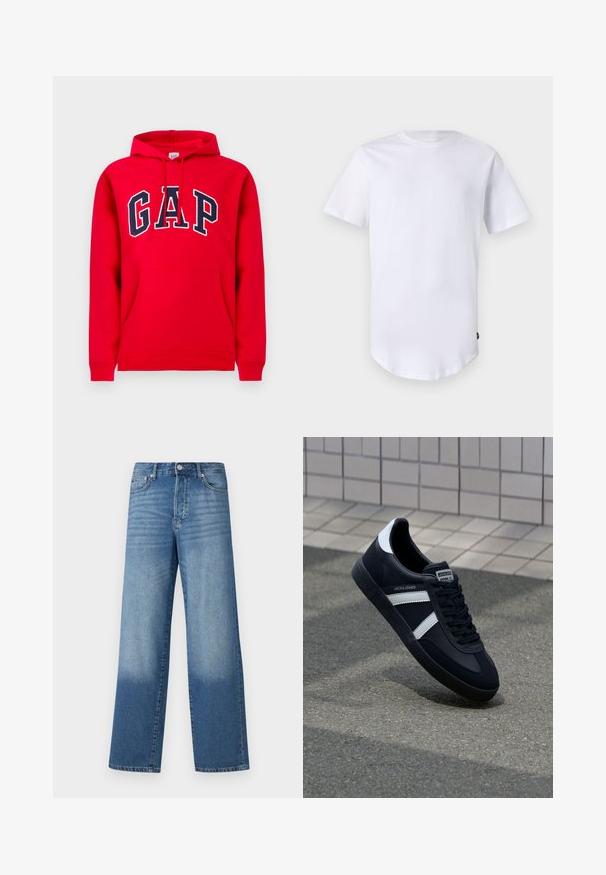Rød hættetrøje lavet af bomuld, med en frontlomme, snoretræk i hætten og 'GAP' logo i marineblå tværs over brystet.; Hvid kortærmet t-shirt lavet af bomuld. Rund halsudskæring med en buet kant. Etiket synlig på nederste venstre side. Glat tekstur.; Blå højtaljede strækte jeans med falmede områder på lårerne og mørkere skygger nær kanten, synlig frontknap og lommer.; Sort lædersneaker med hvide striber, tekstureret gummisål og snørrebånd foran. Har et brandet mærke på tungen.
