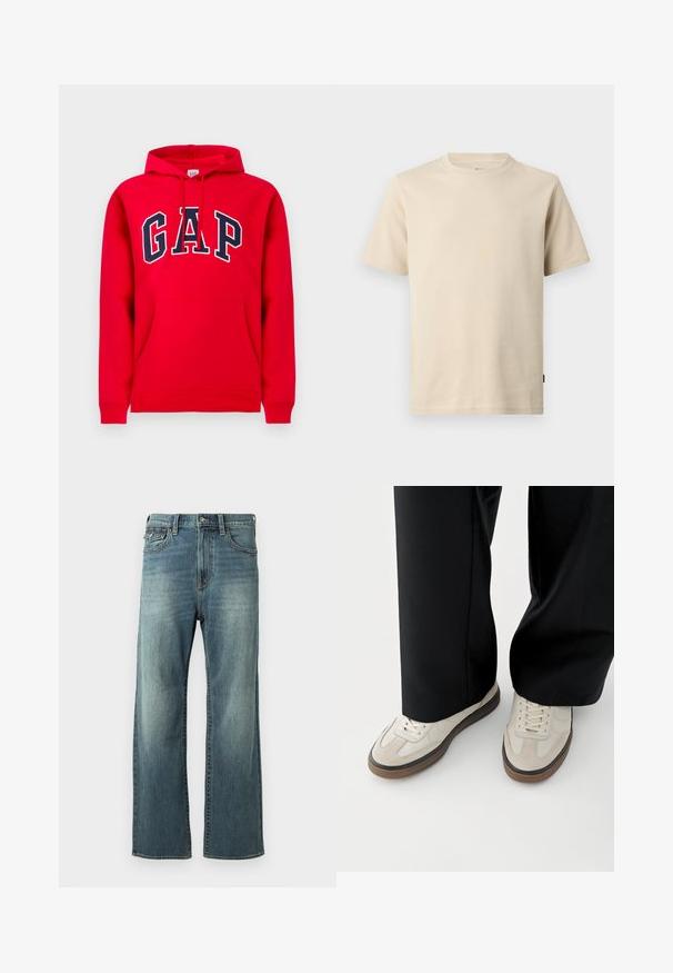 Rode hoodie van katoen, met een voorzak, een capuchon met trekkoord en het "GAP"-logo in marineblauw over de borst.; Beige katoenen T-shirt met korte mouwen en een ronde hals, voorzien van minimale stiksels en een klein tonale logo op de linkerborst.; Lichtblauwe denim jeans met een rechte pijp, lichte vervaging, vijf zakken en riemlussen. Kenmerkt zich door stiksels en een knoopsluiting.; Voeten met beige sneakers met bruine zolen en zwarte wijde broekspijpen op een witte achtergrond.