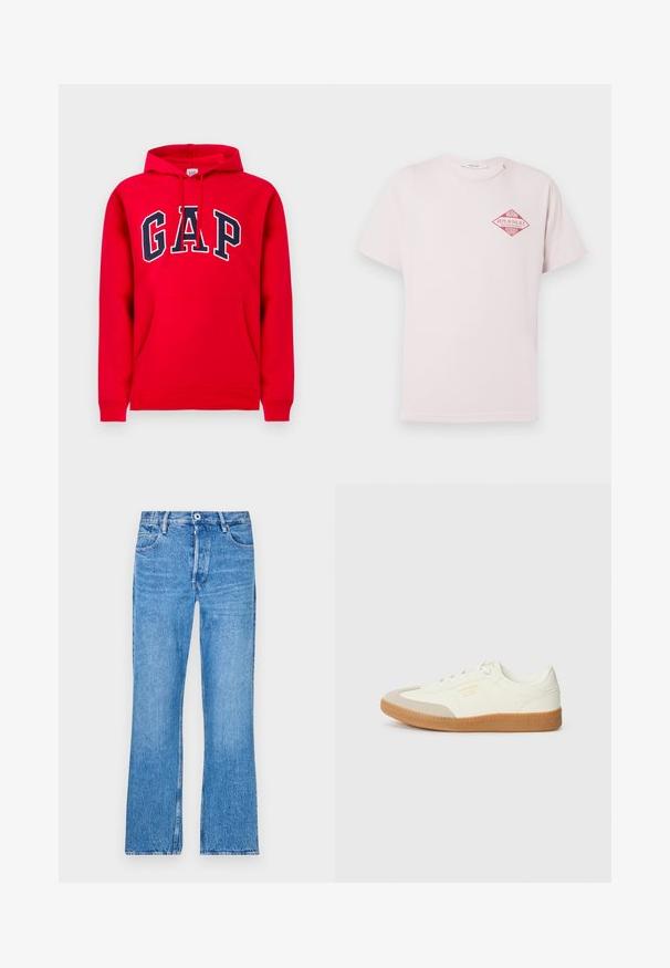 Rode hoodie van katoen, met een voorzak, een capuchon met trekkoord en het "GAP"-logo in marineblauw over de borst.; Lichtroze T-shirt met korte mouwen en een rood ruitvormig ontwerp met de tekst "Miami Replay Palace Florida" op de bovenste linkerborst.; Blauwe, recht gesneden jeans van denim met een vervaagde wassing. Voorzien van een knoopsluiting, riemlussen en een standaard vijf-pocket ontwerp.; Schoen gemaakt van wit leer met een beige teenkap en een lichtbruine rubberen zool. Voorzien van platte witte veters en reliëfbranding aan de zijkant.