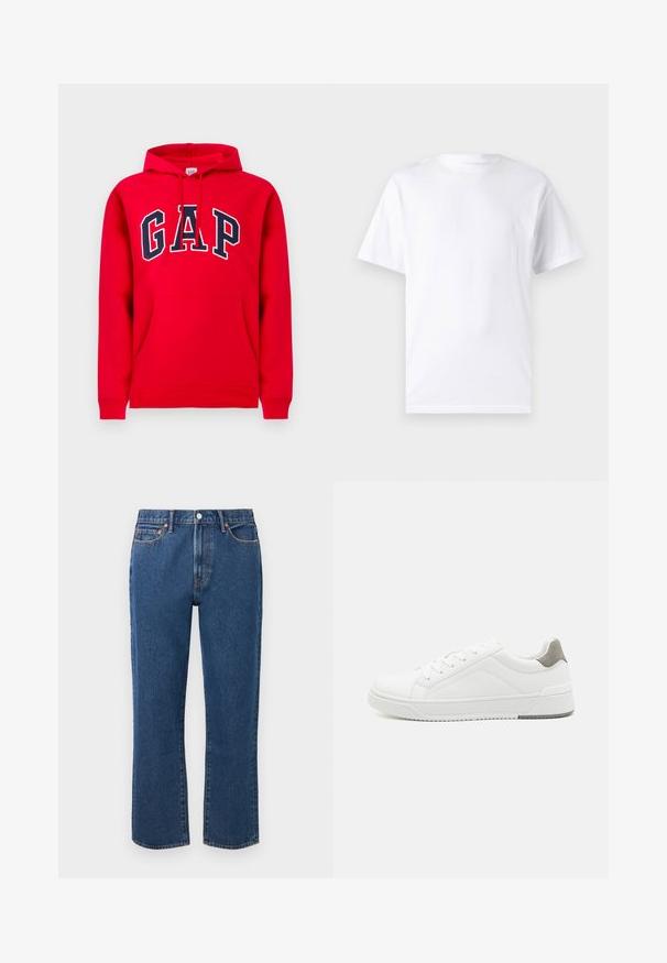 Rød hættetrøje lavet af bomuld, med en frontlomme, snoretræk i hætten og 'GAP' logo i marineblå tværs over brystet.; Hvid kortærmet t-shirt lavet af bomuld med rund hals, der har en glat tekstur og et simpelt design uden mønstre eller accenter.; Blå straight-leg jeans lavet af denim, med knaplukning, fem lommer og kontrasterende orange stikninger.; Hvid sneaker lavet af glat læder, rund tå, minimalistisk design, grå hælafsats og tekstureret gummisål.