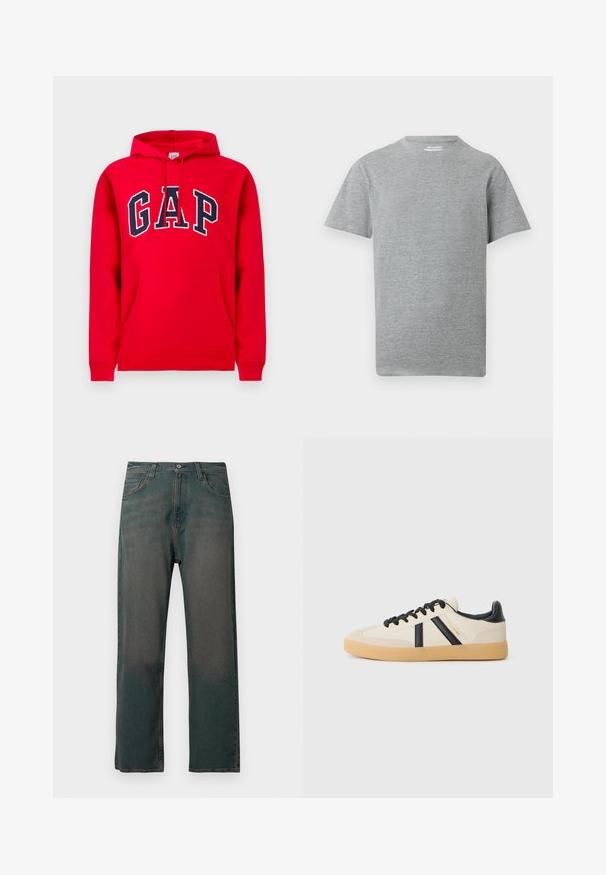 Rode hoodie van katoen, met een voorzak, een capuchon met trekkoord en het "GAP"-logo in marineblauw over de borst.; Effen grijs T-shirt met korte mouwen en een ronde hals, met een klein wit "ONLY & SONS" label aan de binnenkant van de kraag.; Donkergroene spijkerbroek met rechte pijpen, voorzien van een klassiek ontwerp met vijf zakken en contrasterende stiksels langs de naden.; Casual sneakers in crème met zwarte strepen, voorzien van een gestructureerde bovenkant en een gumrubberen zool. Veters zijn zwart. Subtiel logo aan de zijkant.