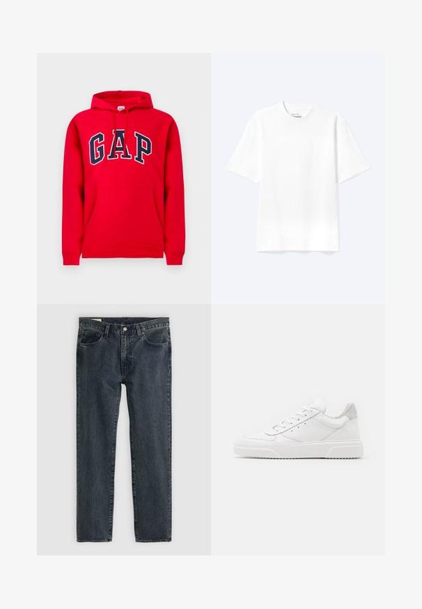 Rode hoodie van katoen, met een voorzak, een capuchon met trekkoord en het "GAP"-logo in marineblauw over de borst.; Effen witte T-shirt met korte mouwen en ronde hals, met een losse pasvorm, weergegeven op een lichte achtergrond.; Donkerblauwe denim jeans met een recht model, vijf zakken en een knoopsluiting. De stof toont een subtiele vervaging en textuur.; Witte leren sneakers met een gladde afwerking, ronde neus, platte veters en een gestructureerde zool. Grijze suède accent bij de hiel.
