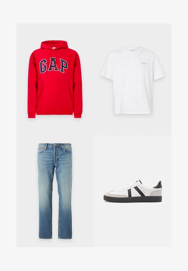 Rød hættetrøje lavet af bomuld, med en frontlomme, snoretræk i hætten og 'GAP' logo i marineblå tværs over brystet.; Hvid kortærmet t-shirt lavet af bomuld, med rund hals og et lille logo på venstre brystområde. Glat tekstur, afslappet pasform.; Lyseblå denimjeans med lige bendesign, der har en falmet finish, kobbernitter og klassisk fem-lomme stil.; Hvide sneakers med sorte og grå detaljer, med en tekstureret grå tåhætte, sort gummisål og flade hvide snørebånd. Rent design, minimalistisk stil.