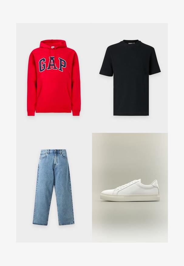 Rode hoodie van katoen, met een voorzak, een capuchon met trekkoord en het "GAP"-logo in marineblauw over de borst.; Zwart, geribd, gebreid T-shirt met korte mouwen en ronde hals, met een klein zichtbaar label aan de binnenkant van de kraag.; Lichtblauwe spijkerbroek met een hoge taille, brede rechte pijpen, knoopsluiting aan de voorkant, ritssluiting en ontwerp met vijf zakken.; Witte lage sneaker met veters aan de voorkant en dikke zool, zijaanzicht tegen een neutrale achtergrond.