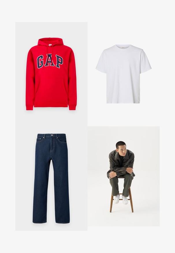 Punane dressipluus, mis on valmistatud puuvillast, eesmiseks taskuks, reguleeritava kapuutsiga ja sinise "GAP" logoga rinnaosal.; Lihtne valge lühikeste varrukatega T-särk ümar kaelusega, regulaarne lõige ja sile kangatekstuur, esitatud valgel taustal.; Tumedast siniseid teksaseid sirge lõikega, viie tasku ja nähtava õmblusega. Omab nupuga kinnitamist ja vöörihma silmuseid.; Noor mees tumedas nahktakšis ja teksades istub puidust pingil, kaldub ette, käed rüpes, vaatab valgel taustal küljele.