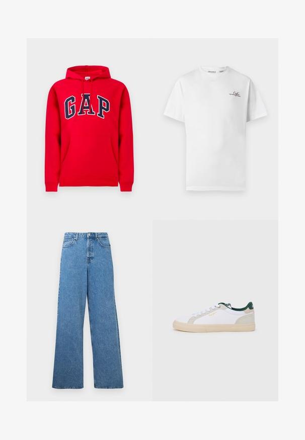 Rød hættetrøje lavet af bomuld, med en frontlomme, snoretræk i hætten og 'GAP' logo i marineblå tværs over brystet.; Hvid kortærmet T-shirt med lille brunt tekst "Coffee MID CENTURY MODERN" på øverste venstre bryst, rund hals.; Blå højhalset vidbenede denimjeans med forreste knap, lynlås, bæltestropper samt for- og baglommer.; Hvide sneakers med ruskindsdetaljer i lys grå og mørkegrøn, der har flade hvide snørebånd, beige gummisål og gulddetaljer med logo.