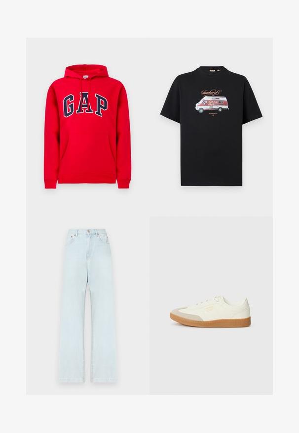 Rode hoodie van katoen, met een voorzak, een capuchon met trekkoord en het "GAP"-logo in marineblauw over de borst.; Zwart T-shirt met een afbeelding van een rood-witte camperbus en de tekst "Sunburst" en "Art & Design Studio" op het midden van de voorkant.; Lichtblauwe denim jeans met een rechte pasvorm, vijf zakken, een knoopsluiting en minimale stikdetails.; Schoen gemaakt van wit leer met een beige teenkap en een lichtbruine rubberen zool. Voorzien van platte witte veters en reliëfbranding aan de zijkant.