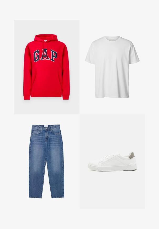 Rode hoodie van katoen, met een voorzak, een capuchon met trekkoord en het "GAP"-logo in marineblauw over de borst.; Eenvoudig wit T-shirt met korte mouwen en ronde hals, losse pasvorm en zonder zichtbare logo's of ontwerpen aan de voorkant.; Blauwe denim jeans met een hoge taille, rechte pijpen en een vervaagde afwerking. Beschikt over vijf zakken en een knoopsluiting.; Witte sneaker van glad leer met een ronde neus, minimalistisch ontwerp, grijze hielaccent en een geplaatste rubberen zool.