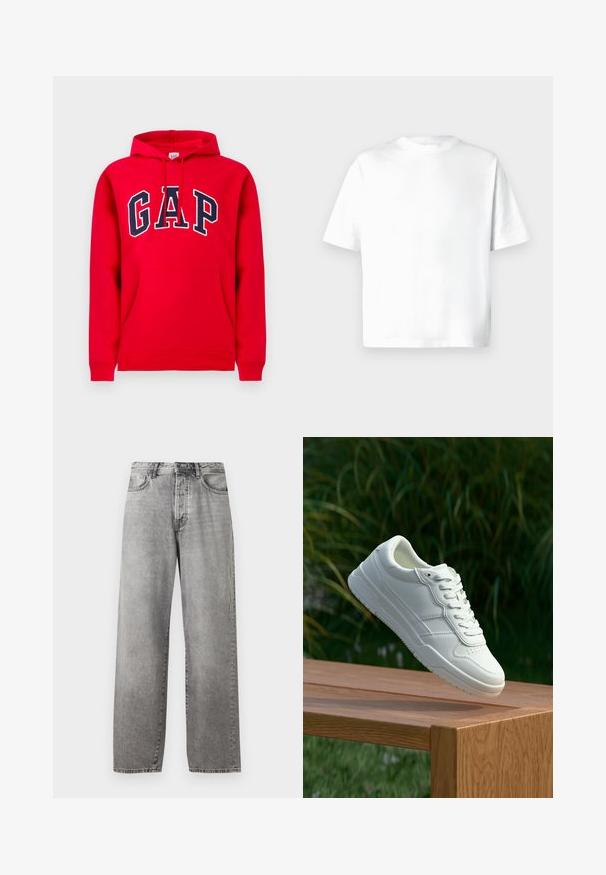 Sweat à capuche rouge en coton, avec une poche avant, une capuche à cordon et le logo "GAP" en bleu marine sur la poitrine.; T-shirt blanc à manches courtes en coton doux, doté d'un col rond et d'une coupe décontractée sans motifs ni graphiques. Texture lisse.; Jeans larges gris en denim. Présente une taille haute, cinq poches et une fermeture par bouton et zip. Légère décoloration sur le tissu.; Baskets en cuir blanc avec une texture lisse, présentant un design perforé, un laçage classique et une semelle en caoutchouc, positionnées au-dessus d'une surface en bois.
