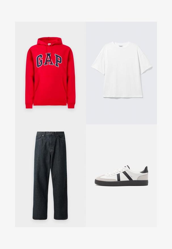Punane dressipluus, mis on valmistatud puuvillast, eesmiseks taskuks, reguleeritava kapuutsiga ja sinise "GAP" logoga rinnaosal.; Valge liibuv oversized lühikeste varrukatega t-särk ümar kaelusega, langevate õlgadega, tasapinnal helehalli taustal.; Tumedad teksased püksid sirge säärega kujundusega, millel on traditsiooniline viie taskuga paigutus ja metallne nööp sulgemiseks vööl.; Valged tossud mustade ja hallide aktsentidega, tekstureeritud halli varbakattega, musta kummitald ja lamedad valged paelad. Puhtad jooned, minimalistlik stiil.