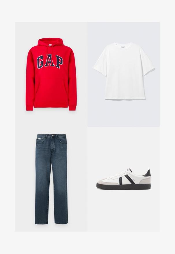 Rode hoodie van katoen, met een voorzak, een capuchon met trekkoord en het "GAP"-logo in marineblauw over de borst.; Witte oversized T-shirt met korte mouwen, ronde hals en verlaagde schouders, plat op een lichtgrijze achtergrond.; Donkerblauwe denim jeans met een rechte pasvorm, vijf zakken, riemlussen en een ritsgulp. Glad textuur met subtiele vervagingdetails.; Witte sneaker met zwarte en grijze accenten, voorzien van een grijze neus met textuur, zwarte rubberen zool en platte witte veters. Schoon ontwerp, minimalistische stijl.