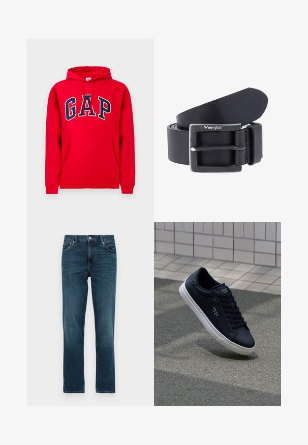 Rød hættetrøje lavet af bomuld, med en frontlomme, snoretræk i hætten og 'GAP' logo i marineblå tværs over brystet.; Mørkeblå lige ben denim jeans med forlommer, bæltestropper og knaplukning på en ensfarvet lys baggrund.; Sort lædersneaker med en glat overflade, hvid gummisål og tonale snørebånd. Har mærkeaccentuer på tungen og siden.; Sort læderbælte med en kvadratisk sølvspænde. Har en glat overflade og et Wrangler-logo på spænderen. Justerbar længde.