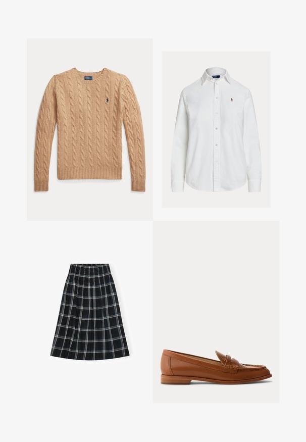 Béžový sveter s vrkočovým vzorom s dlhými rukávmi a rebrovanými manžetami, s malým vyšívaným logom Polo Ralph Lauren na hrudi.; Biela košeľa s dlhými rukávmi na gombíky, golierom a malým vyšívaným logom na ľavej strane hrude, zobrazená na jednoduchom pozadí.; Čierno-biely kockovaný sukňa s elastickým pásom, dĺžky po kolená, s rozšíreným strihom a jemnou textúrou látky.; Hnedý kožený mokasín s nízkym dreveným podpätkom, klasickým pásikom na mincu a prešitými detailmi pozdĺž špičky a strán.