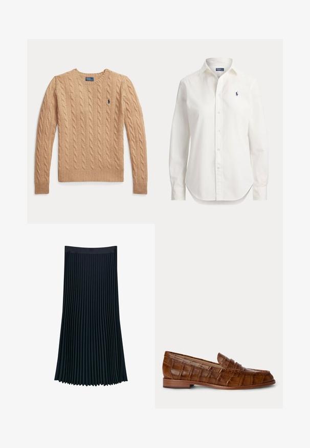 Béžový sveter s vrkočovým vzorom s dlhými rukávmi a rebrovanými manžetami, s malým vyšívaným logom Polo Ralph Lauren na hrudi.; Biela košeľa s dlhými rukávmi na gombíky, s golierom a malým modrým logom hráča póla na ľavej strane hrudníka.; Plisovaná sukňa v tmavo námorníckej farbe, s hladkým opaskom a vertikálnymi skladmi pre textúru a pohyb, s voľným strihom.; Hnedý kožený mokasín s krokodílim vzorom, nízkym dreveným podpätkom a remienkom na vrchu, zobrazený na jednoduchom pozadí.