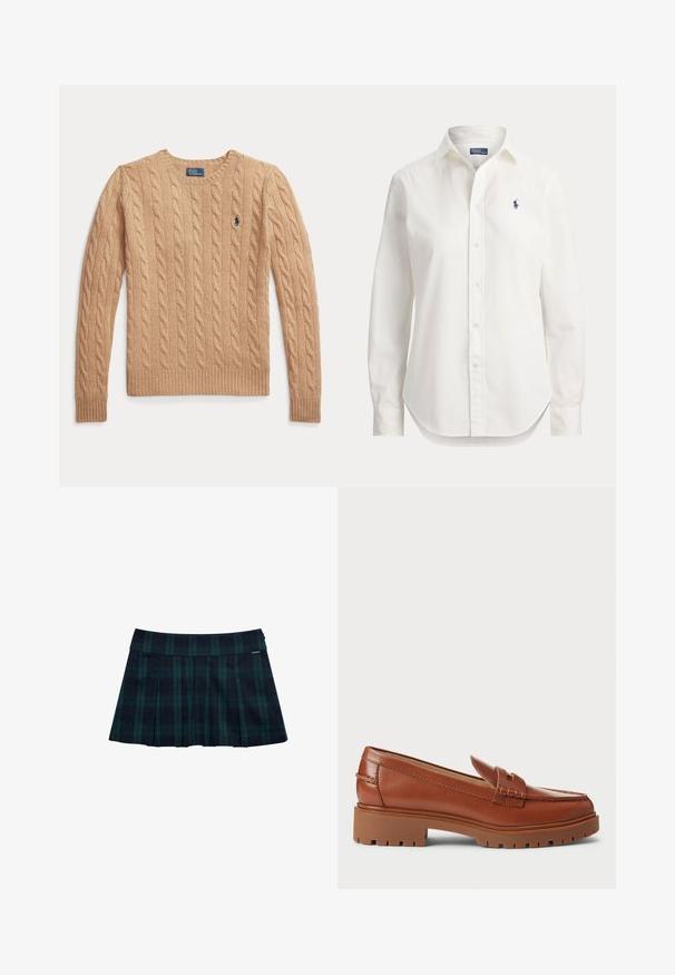 Beige kabelgebreide trui met lange mouwen en geribbelde boorden, met een klein geborduurd Polo Ralph Lauren-logo op de borst.; Witte blouse met lange mouwen, knopen, kraag en klein blauw logo van een polospeler op de linkerborst.; Geruite geplooide rok in donkergroen en marineblauw met een gladde tailleband en logodetail. Heeft een klassiek, gelaagd plooidesign.; Bruine leren instappers met een moccasin teenontwerp, zichtbare stiksels en een chunky, gestructureerde rubberen zool. Accenten van goudkleurig beslag.