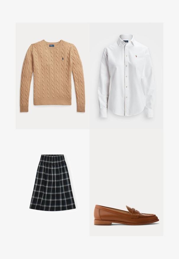 Béžový sveter s vrkočovým vzorom s dlhými rukávmi a rebrovanými manžetami, s malým vyšívaným logom Polo Ralph Lauren na hrudi.; Biela košeľa s dlhými rukávmi a gombíkmi vyrobená z bavlny, s klasickým golierom a malým vyšitým logom na hrudi.; Čierno-biely kockovaný sukňa s elastickým pásom, dĺžky po kolená, s rozšíreným strihom a jemnou textúrou látky.; Hnedý kožený mokasín s nízkym dreveným podpätkom, klasickým pásikom na mincu a prešitými detailmi pozdĺž špičky a strán.