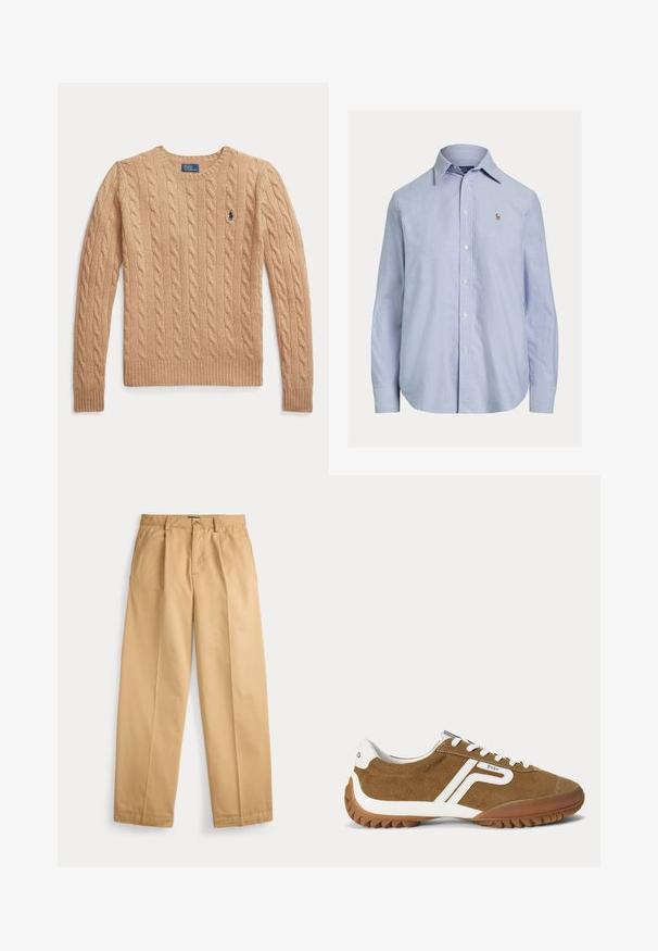 Beige kabelgebreide trui met lange mouwen en geribbelde boorden, met een klein geborduurd Polo Ralph Lauren-logo op de borst.; Lichtblauw overhemd met lange mouwen en knopen, met puntige kraag en klein geborduurd logo op de linkerborst.; Beige rechte broek met knoop- en ritssluiting, voorzakken, riemlussen en geplooide persvouwen langs de pijpen.; Bruine suède sneaker met witte accenten, witte veters en "Polo" branding aan de zijkant en hiel, met het buitenprofiel getoond.