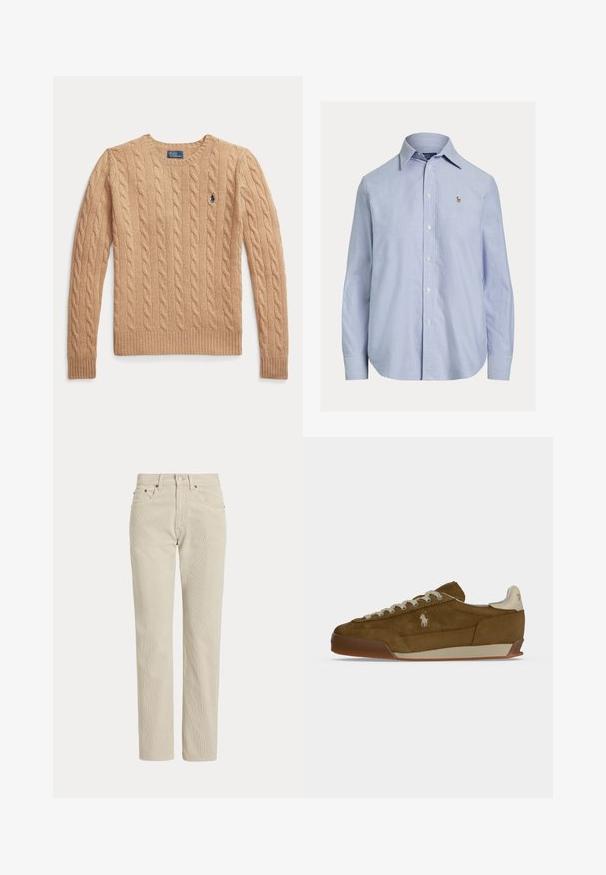 Béžový sveter s vrkočovým vzorom s dlhými rukávmi a rebrovanými manžetami, s malým vyšívaným logom Polo Ralph Lauren na hrudi.; Svetlomodrá košeľa s dlhým rukávom na gombíky, so špicatým golierom a malým vyšitým logom na ľavej strane hrude.; Béžové nohavice z manšestru so vzpriamenými nohavicami, pútkami na opasok, predným gombíkom, zipsom a prednými vreckami.; Hnedá semišová teniska s krémovými šnúrkami, hrubou podrážkou a malým bielym vyšitým logom na boku.