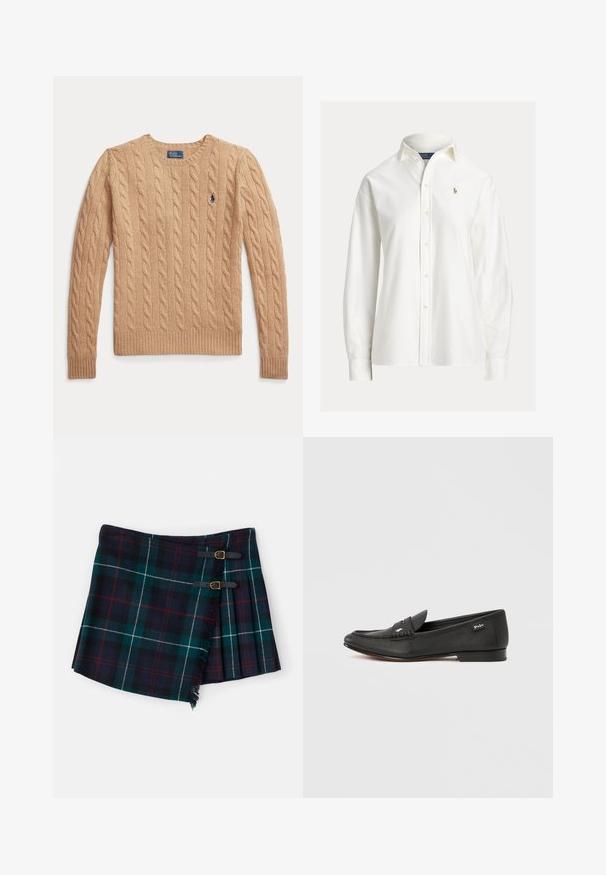 Beige kabelstrikket sweather med lange ærmer og ribstrikkede manchetter, med et lille broderet Polo Ralph Lauren-logo på brystet.; Hvid langærmet skjorte med knapper, krave og lille broderet logo på venstre bryst.; Polo Ralph Lauren MINI - Mini skirts - tartan; Sort læderloafer med tekstureret finish, penny keeper-detalje, slank profil, diskret branding på siden og lav, flad hæl.