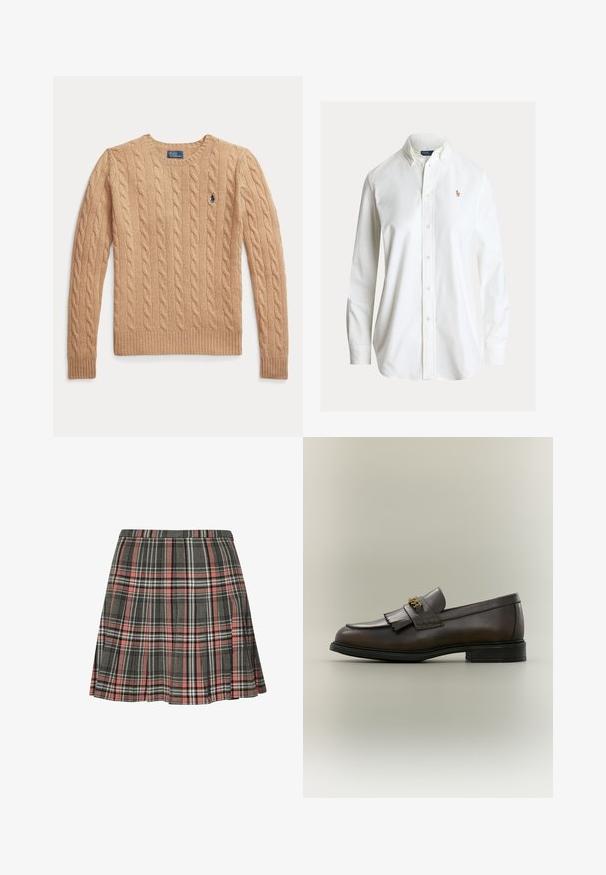 Beige kabelstrikket sweather med lange ærmer og ribstrikkede manchetter, med et lille broderet Polo Ralph Lauren-logo på brystet.; Hvid skjorte med lange ærmer med knapper og knaplukket krave samt lille broderet polo-spiller logo på venstre bryst.; Rutnederdel i grå og pink med plisseret design og sorte og hvide accenter. Fremstillet af vævet stof, midt på låret længde.; Mørkebrun læderloafer med frynser og guldbeslag på sort sål, vist fra siden på en neutral baggrund.