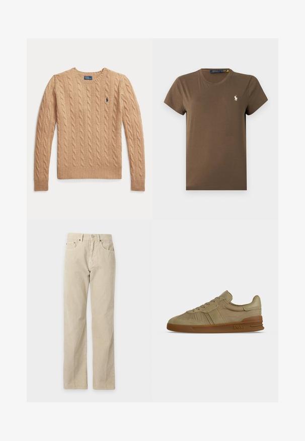 Beige kabelstrikket sweather med lange ærmer og ribstrikkede manchetter, med et lille broderet Polo Ralph Lauren-logo på brystet.; Brun bomulds-T-shirt med klassisk rund hals, korte ærmer og lille hvid logo på brystet. Glat tekstur, almindelig pasform.; Beige manchesterbukser med lige ben, forlommer, bæltestropper og lukning med knap, vist på en ensfarvet baggrund.; Beige lavskaftet Polo sneaker med snørebånd foran, tekstureret læderoverdel og brun gummisål med Polo-logo på siden.