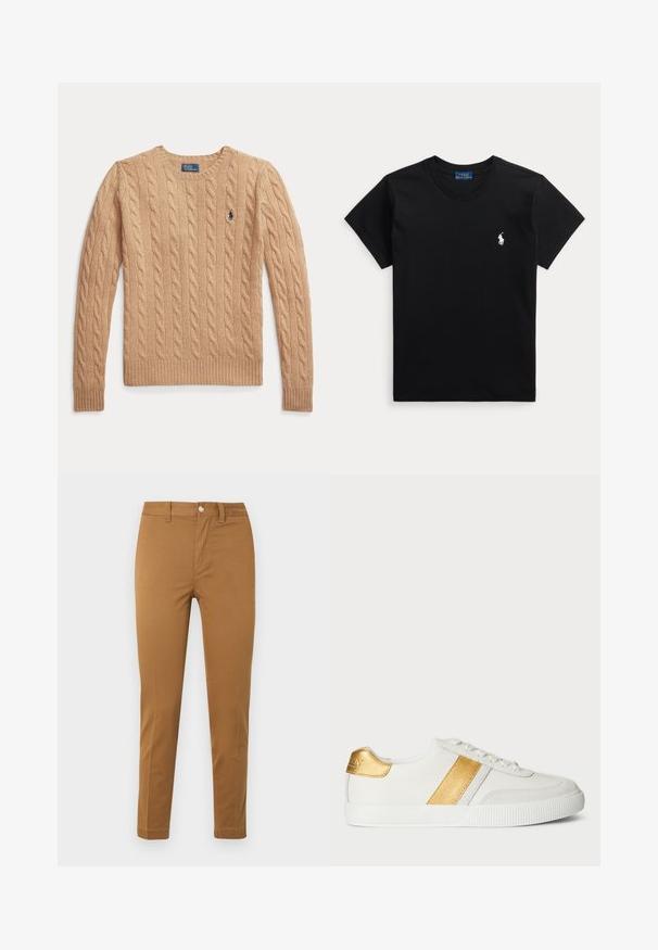 Beige kabelstrikket sweather med lange ærmer og ribstrikkede manchetter, med et lille broderet Polo Ralph Lauren-logo på brystet.; Sort kortærmet t-shirt med rund halsudskæring og lille hvid Polo Ralph Lauren hestelogo på venstre bryst.; Khaki bukser med lige ben, forlommer, bæltestropper og knaplukning, vist fladt på hvid baggrund.; Hvide sneakers lavet af syntetisk materiale, med et metallisk guldbånd og hælaccent, samt en tekstureret gummisål.