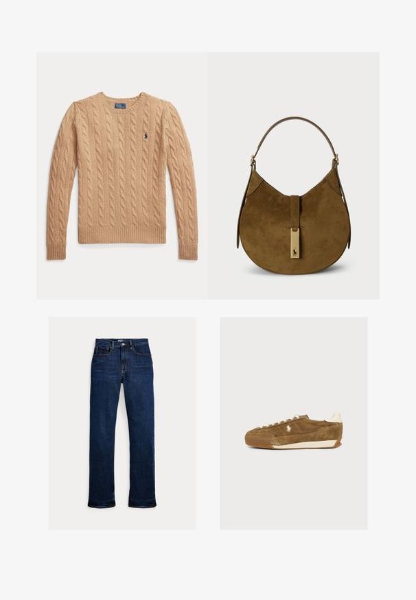 Beige kabelgebreide trui met lange mouwen en geribbelde boorden, met een klein geborduurd Polo Ralph Lauren-logo op de borst.; Donkerblauwe straight-leg spijkerbroek met knoop en rits aan de voorkant, ontwerp met vijf zakken en zichtbare stikseldetails.; Bruine suède sneaker met witte veters, wit logo op de zijkant en witte hielkap, getoond in profiel op een effen achtergrond.; Donkerbruin suède handtas met een gebogen silhouet. Voorzien van een bovenhandvat en een metalen logo-accent op de sluiting aan de voorkant.