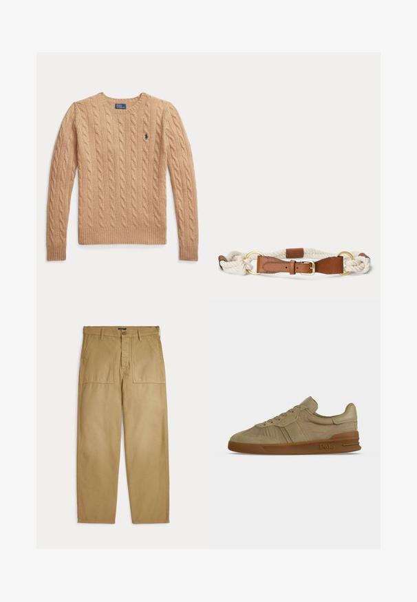 Beige kabelstrikket sweather med lange ærmer og ribstrikkede manchetter, med et lille broderet Polo Ralph Lauren-logo på brystet.; Beige bukser med lige ben, forlommer med lapper, bæltestropper og lukning med knap og lynlås.; Beige lavskaftet Polo sneaker med snørebånd foran, tekstureret læderoverdel og brun gummisål med Polo-logo på siden.; Flettet hvid reb-bælte med tan læder spænde og gyldne metalringe på en ensfarvet lys baggrund.