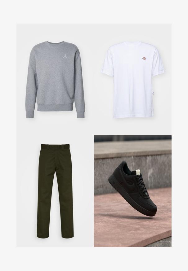 Sweatshirt en coton gris avec un col rond, des manches longues et des poignets côtelés. Présente un logo brodé blanc sur la poitrine gauche.; T-shirt en coton blanc avec un col en V et des manches courtes. Présente un petit logo coloré brodé sur la poitrine gauche. Texture douce.; Pantalons vert foncé avec jambes droites, en tissu lisse. Présente un devant plat, des passants de ceinture et aucun motif ou matériel visible.; Baskets Nike Air Force 1 noires flottant au-dessus d’un rebord en béton rose avec un fond en pierre grise, montrant des détails latéraux et supérieurs.