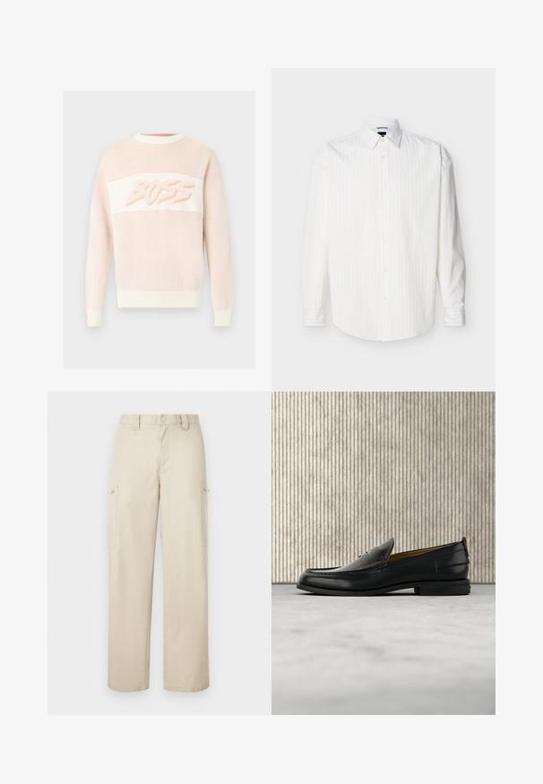 Pull en maille rose clair à manches longues avec poignets, ourlet et col côtelés, présentant le mot « BUZZ » sur la poitrine en police stylisée.; Chemise blanche à manches longues avec boutons, rayures verticales discrètes et col pointu, présentée à plat sur un fond clair.; Pantalon cargo beige à jambes larges avec poches latérales, passants pour ceinture et fermeture à boutons sur le devant.; Mocassin pour homme en cuir noir avec un dessus embossé effet croco et un petit talon, présenté de profil sur un fond neutre.