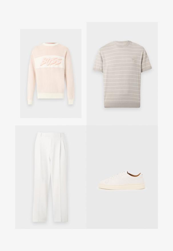 Pull en maille rose clair à manches longues avec poignets, ourlet et col côtelés, présentant le mot « BUZZ » sur la poitrine en police stylisée.; Chemise en maille beige clair à manches courtes avec de fines rayures blanches horizontales et un petit écusson carré avec logo sur le côté gauche de la poitrine.; Pantalon blanc sur mesure avec une coupe droite, présentant des plis, un devant plat et une texture de tissu lisse. Aucune poche ni accent visible.; Baskets blanches basses avec un design à lacets, des détails de couture minimalistes, et une semelle couleur crème sur un fond gris clair.