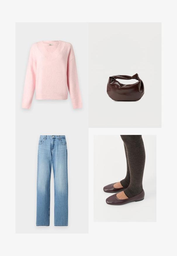 Pull en maille rose pâle à col en V et manches longues, avec poignets, ourlet et encolure côtelés, présenté sur un fond clair uni.; Jean denim bleu clair à jambe droite avec fermeture avant par bouton et fermeture éclair, passants de ceinture, et poches avant et arrière.; Ballerines en cuir verni bourgogne à bout carré, accompagnées de chaussettes en tricot côtelé marron foncé atteignant le molet.; Sac bandoulière en cuir marron foncé avec une forme souple et décontractée et une anse nouée torsadée sur un fond blanc uni.