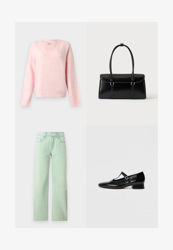 Pull en maille rose pâle à col en V et manches longues, avec poignets, ourlet et encolure côtelés, présenté sur un fond clair uni.; Jean en denim vert clair coupe droite avec fermeture à boutons et zip à l'avant, passants pour ceinture et design à cinq poches.; Chaussures Mary Jane en cuir noir avec bout pointu, petit talon carré et bride ajustable avec une boucle argentée. Texture lisse et brillante.; Sac à main rectangulaire en cuir noir avec fermeture à rabat et deux longues anses sur fond blanc uni.