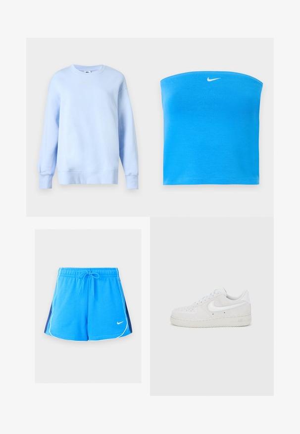 Φωτεινό γαλάζιο φούτερ Nike με στρογγυλή λαιμόκοψη, μακριά μανίκια, ριμπ μανσέτες και τελείωμα, και μικρό λευκό λογότυπο Nike Swoosh στο στήθος.; Φωτεινό μπλε strapless tube top της Nike με λευκό λογότυπο Swoosh στο κέντρο κοντά στο πάνω άκρο.; Μπλε αθλητικές κοντές βερμούδες με λευκή ρίγα κατά μήκος των άκρων, μπλε ναυτικό πλαϊνά πάνελ, ελαστική μέση, κορδόνι και μικρό λευκό λογότυπο Nike μπροστά.; Παπούτσι Nike Air Force 1 από λευκό σουέτ με υφή, στρογγυλή μύτη και αντίθετο λευκό λογότυπο, με λαστιχένια σόλα.