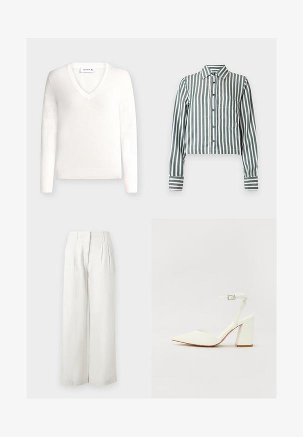 Pull blanc à manches longues avec col en V, poignets et bas côteletés, avec un petit logo Lacoste sur la poitrine.; Chemise à manches longues avec boutons, rayures verticales vertes et blanches, une poche avant sur le côté gauche et un col pointu.; Pantalon large beige clair en tissu texturé, avec plis à l'avant et taille haute. Surface lisse avec peu de détails.; Sandale blanche à talon avec un bout pointu, sangle de cheville réglable et un talon carré épais. Texture lisse avec des détails de couture minimaux.
