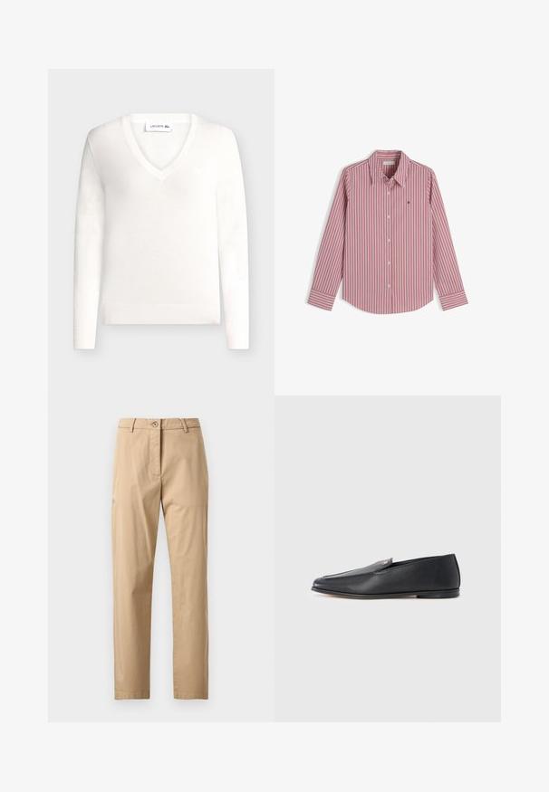 Pull blanc à manches longues avec col en V, poignets et bas côteletés, avec un petit logo Lacoste sur la poitrine.; Chemise à rayures verticales rouges et blanches à manches longues avec col et petit logo brodé sur la poitrine, présentée à plat sur fond blanc.; Chinos beiges à texture lisse, coupe droite, taille avec fermeture à bouton et poches avant. Design minimaliste, sans motifs visibles.; Mocassins en cuir noir à texture lisse, bout arrondi et détails de couture subtils. Ils présentent un accent logo doré sur le côté supérieur.