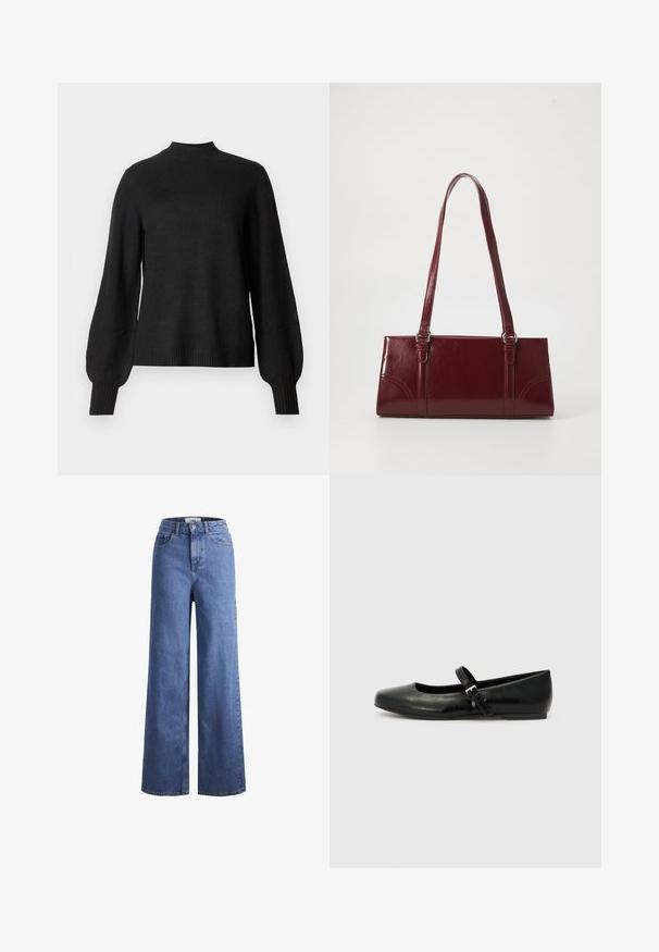 Sort langærmet strikket sweater med ribbet høj hals, manchetter og kant, med let pufede ærmer og en tætsiddende silhuet.; Lyseblå denim brede bukser med høj talje, to frontlommer og synlige stikninger. Har en knap- og lynlåslukning.; Sorte læder balletflade med rund tå, flad sål og en tynd justerbar rem over svangen med en metalspænde.; Bordeaux håndtaske lavet af glansfuldt materiale, rektangulær form, med to skulderremme og subtile buede detaljer på forsiden.