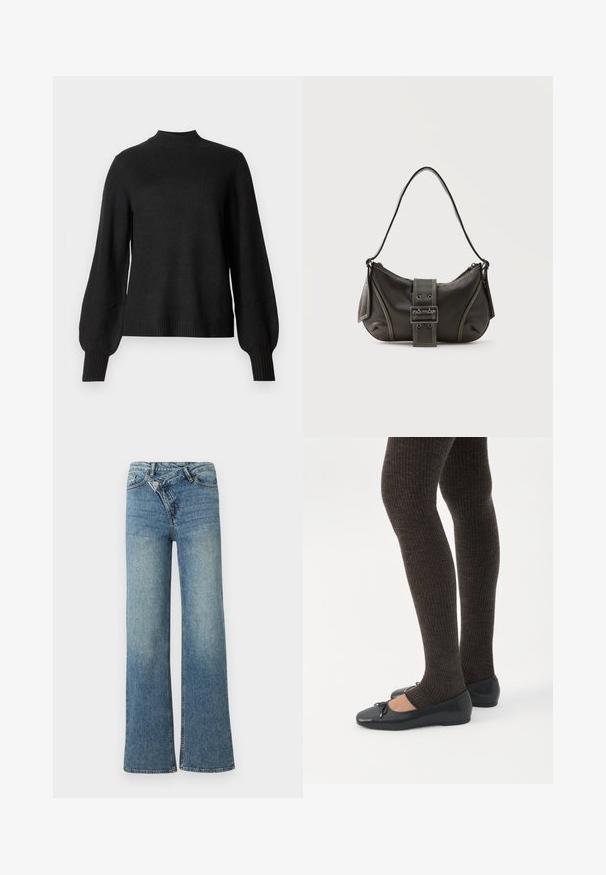 Sort langærmet strikket sweater med ribbet høj hals, manchetter og kant, med let pufede ærmer og en tætsiddende silhuet.; Lyseblå denim jeans med vide ben og høj talje, let falmet effekt og knaplukning foran. Har fem lommer og minimal syning.; Ben iført mørke ribbede leggings kombineret med sorte balletsko med små sløjfedetaljer på hvid baggrund.; Sort læder skuldertaske med spænde på remmen, afrundede kanter og kontrasterende hvide syninger på en ensfarvet baggrund.