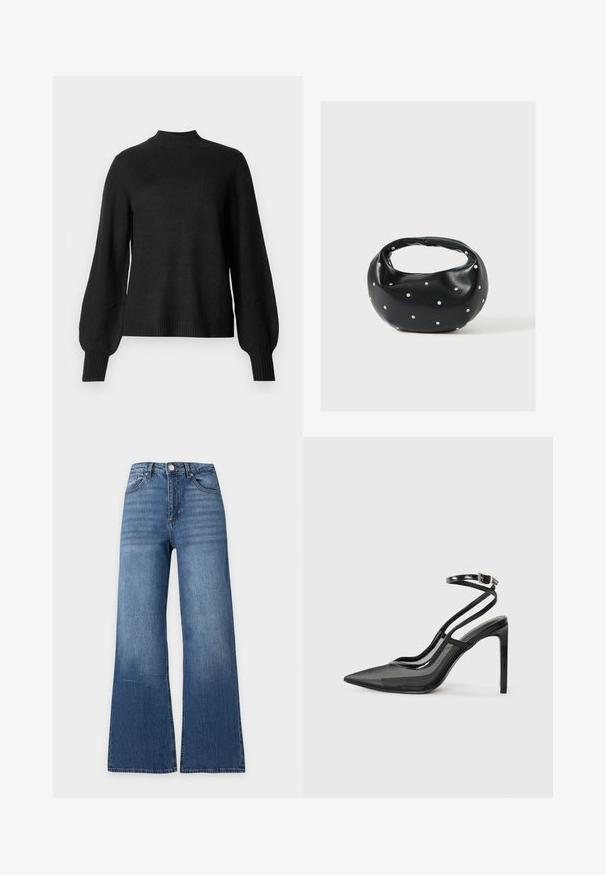 Sort langærmet strikket sweater med ribbet høj hals, manchetter og kant, med let pufede ærmer og en tætsiddende silhuet.; Blå højtaljede cowboybukser med vide ben, forreste knap, lynlås og klassisk design med fem lommer på en ensfarvet lys baggrund.; Sort højhælet pumpe med spids tå, kombination af net- og laklæder, ankelrem med spænde detaljer, slankt silhouet.; Sort læderhåndtaske med en rundet form, dekoreret med sølvnitter, og et kort håndtag. Glat tekstur og lynlåslukning.