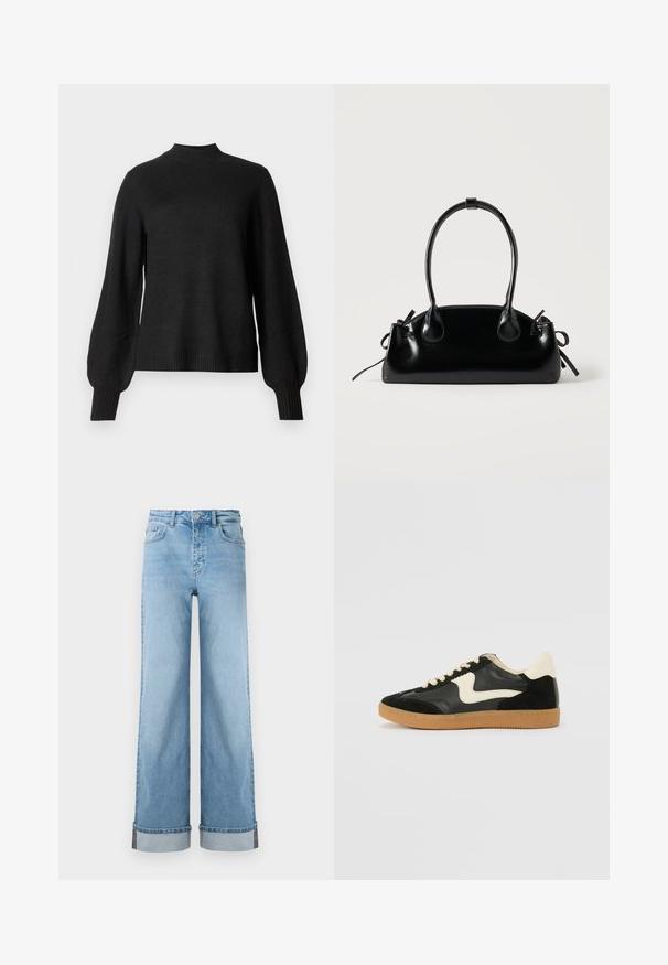 Sort langærmet strikket sweater med ribbet høj hals, manchetter og kant, med let pufede ærmer og en tætsiddende silhuet.; Lyseblå, vide jeans i klassisk denim med høj talje, prydet med opbrettede kanter og synlig søm.; Sorte ruskinds- og lædersneakers med en cremefarvet side-swoosh og lys cremefarvet hæl. Har beige snørebånd og en gummirubber-sål.; Lille sort blank håndtaske med to lange håndtag og snøre-detaljer i siden på en ensfarvet lys baggrund.