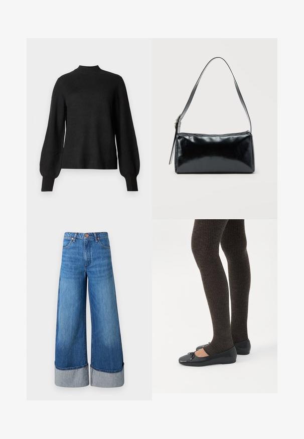 Pull en tricot noir à manches longues avec col montant en côtes, poignets et ourlet, présentant des manches légèrement bouffantes et une silhouette ajustée.; Jeans en denim à jambes larges de couleur bleu moyen. Présentent une taille haute, des ourlets retroussés en denim plus clair, et un design classique à cinq poches avec des accents en métal.; Jambes portant des leggings côtelés foncés associés à des ballerines noires avec de petits détails en nœud sur fond blanc.; Sac d'épaule rectangulaire noir avec une sangle réglable unique et une fermeture éclair supérieure sur un fond uni.