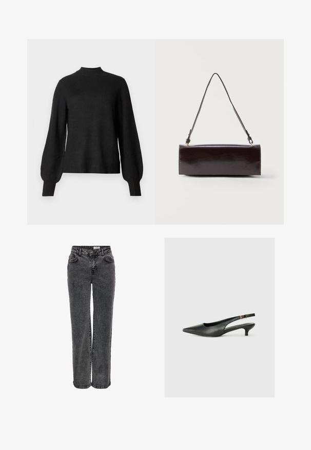 Sort langærmet strikket sweater med ribbet høj hals, manchetter og kant, med let pufede ærmer og en tætsiddende silhuet.; Sorte denimjeans med lige ben, der har forlommer, bæltestropper og en subtil, falmet tekstur.; Sorte spidse slingback-sko lavet af glat læder. Har en tynd hæl og en spænde detalje på den justerbare rem.; Rektangulær sort læderhåndtaske med en enkelt lang rem og blank finish, vist mod en ensfarvet hvid baggrund.