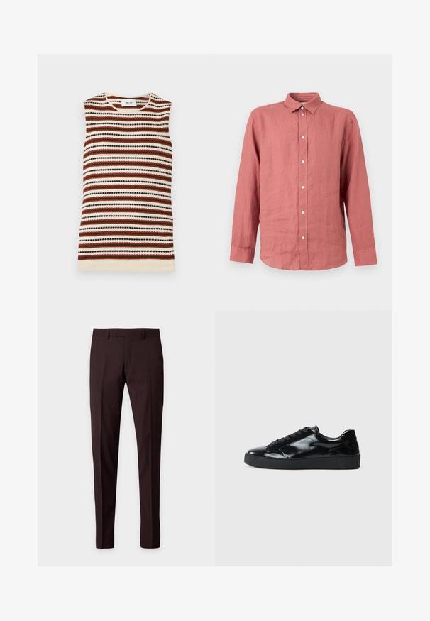Top sans manches en maille avec des rayures horizontales crème, rouille, vert olive et noir, avec un col rond.; Chemise à manches longues boutonnée de couleur rose pâle avec un col classique et des boutons blancs, présentée sur un fond clair uni.; Pantalon habillé slim marron foncé avec passants de ceinture, pli avant, sans poches visibles, présenté sur un fond clair uni.; Baskets en cuir verni noir avec un bout arrondi, un laçage, une semelle en caoutchouc texturé et une finition lisse.